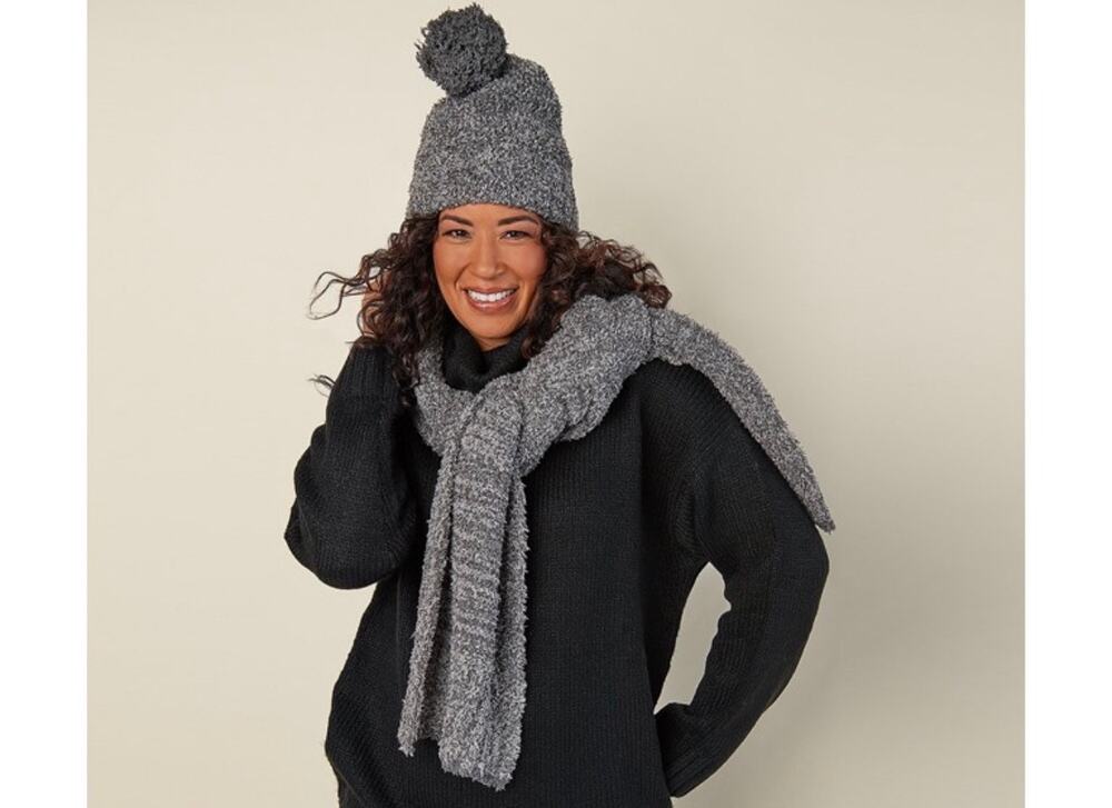 Barefoot Dreams CozyChic Pom Pom Beanie & Scarf Set Womens carbon/black